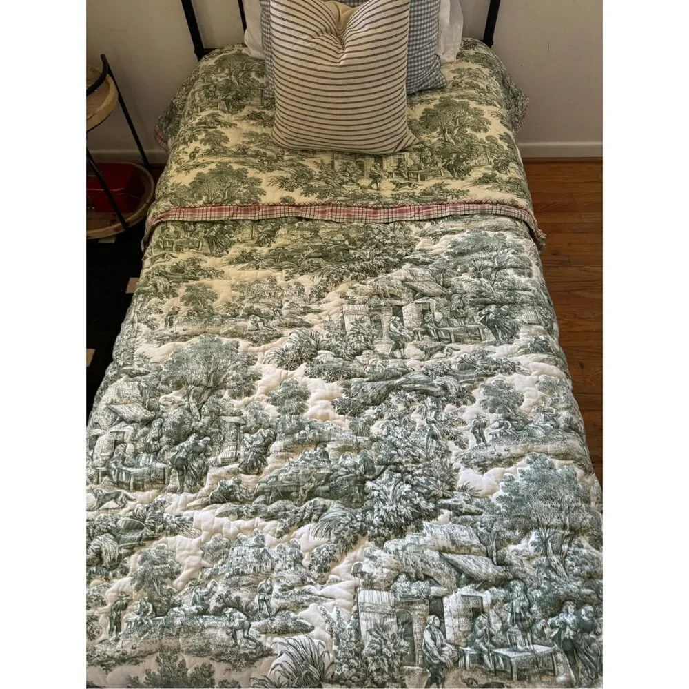Custom French Country Chinoiserie Green Toile Quilted Comforter Coverlet Twin Si